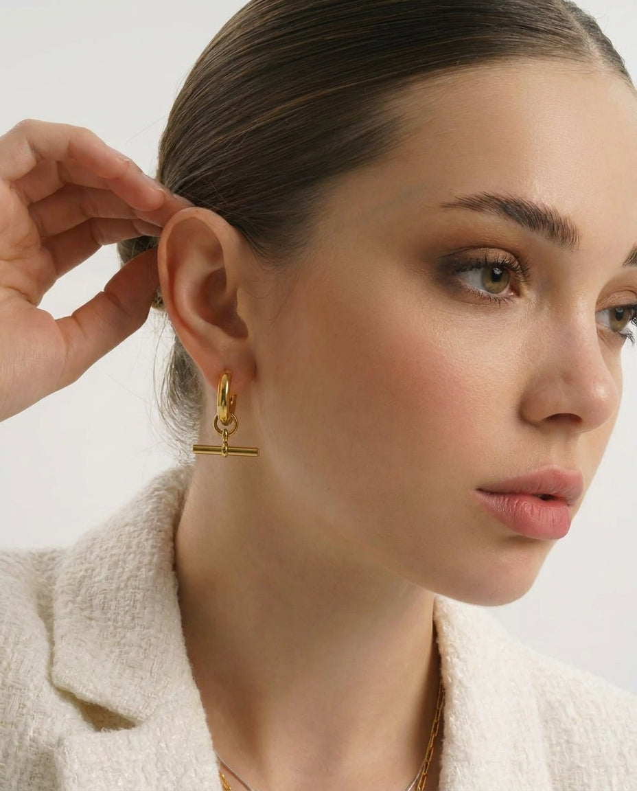 Chunky 18K Gold T-Bar Hoop Earrings