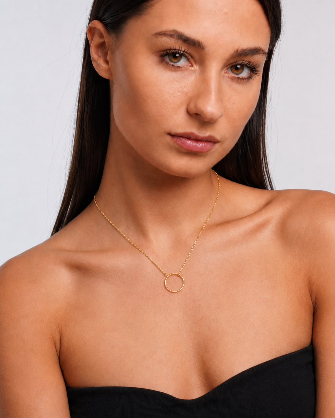18K Gold-Plated Circle Pendant Necklace worn by model close-up