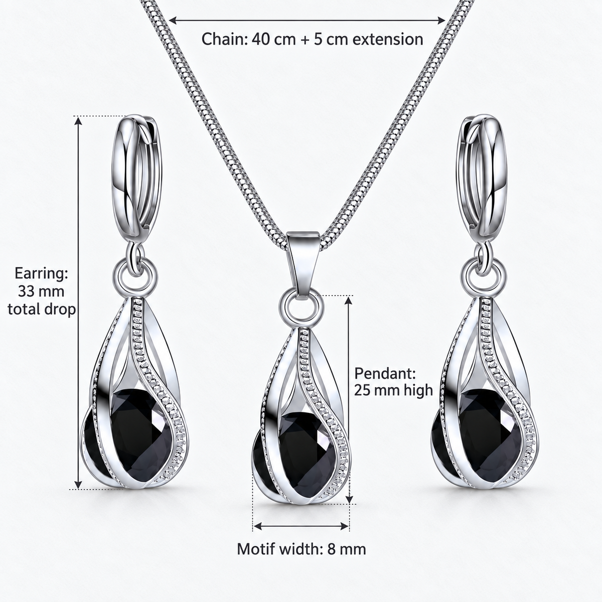Black Crystal Twist Necklace & Earring Set, Chain: 40 cm + 5 cm extension; Pendant: 25 mm high; Earring: 33 mm total drop; Motif width: 8 mm - Vessaly