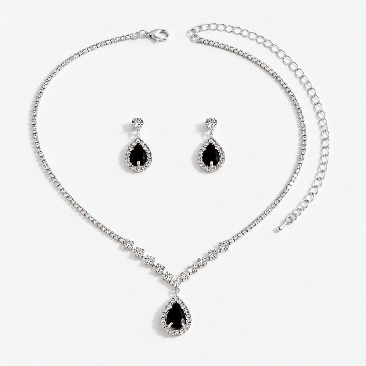 Crystal Teardrop Necklace & Earring Set in Silver / Black, product view on a white background - Vessaly