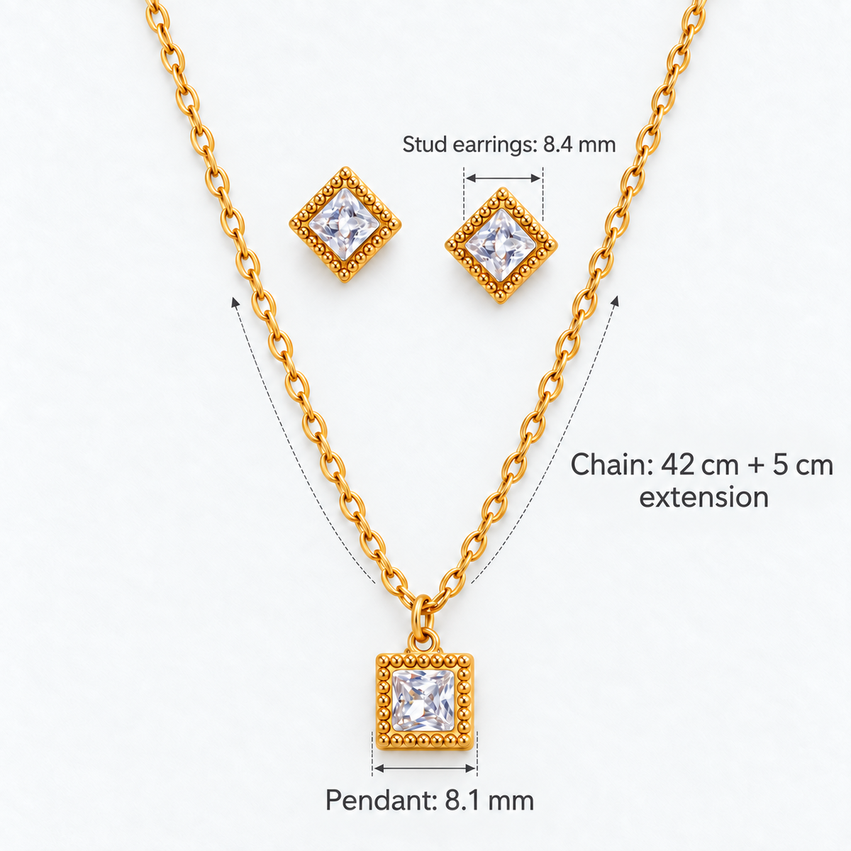 Gold Square Crystal Necklace & Stud Earring Set, Chain: 42 cm + 5 cm extension; Pendant: 8.1 mm; Stud earrings: 8.4 mm - Vessaly