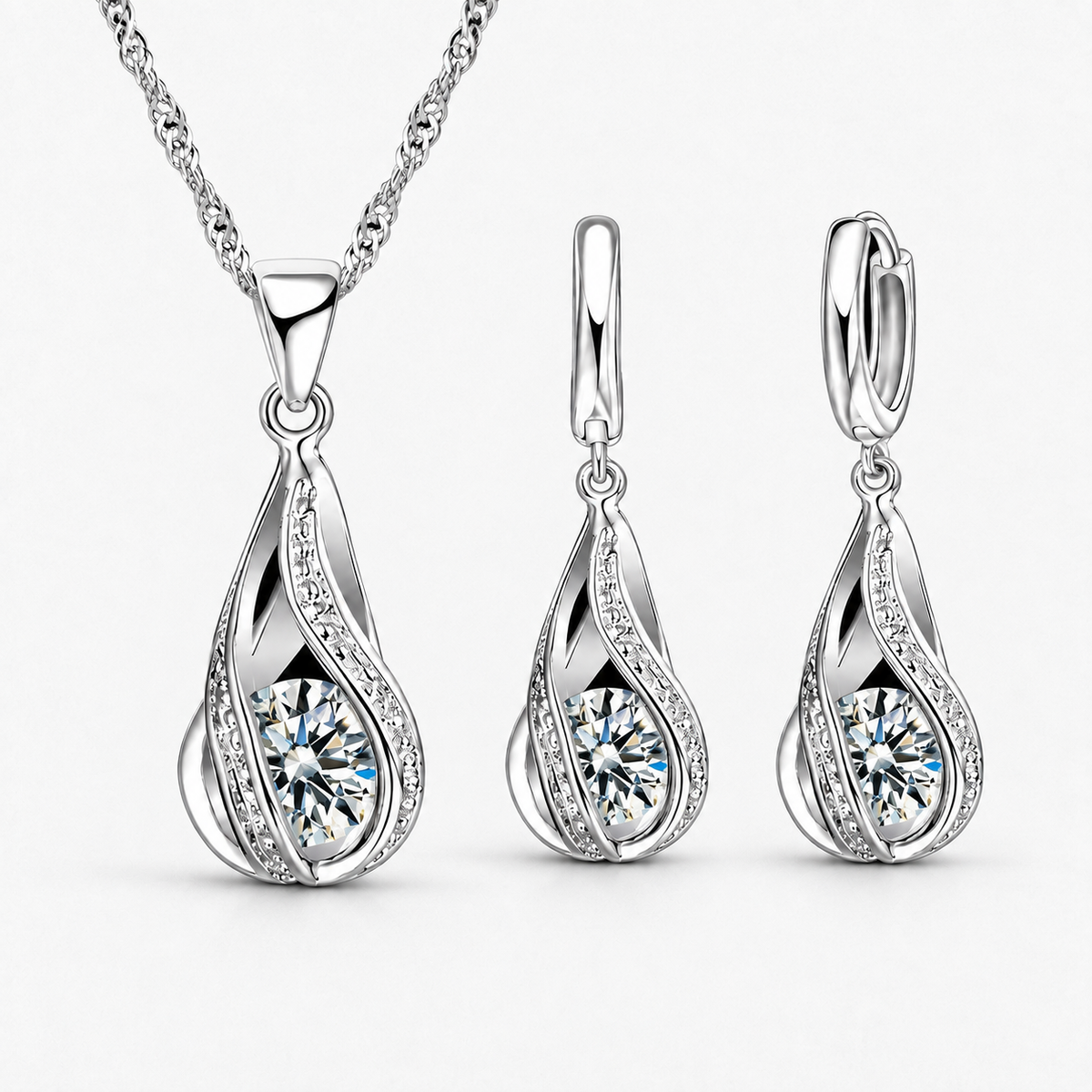 Twist Teardrop Crystal Necklace & Earring Set in Clear, product view on a white background - Vessaly