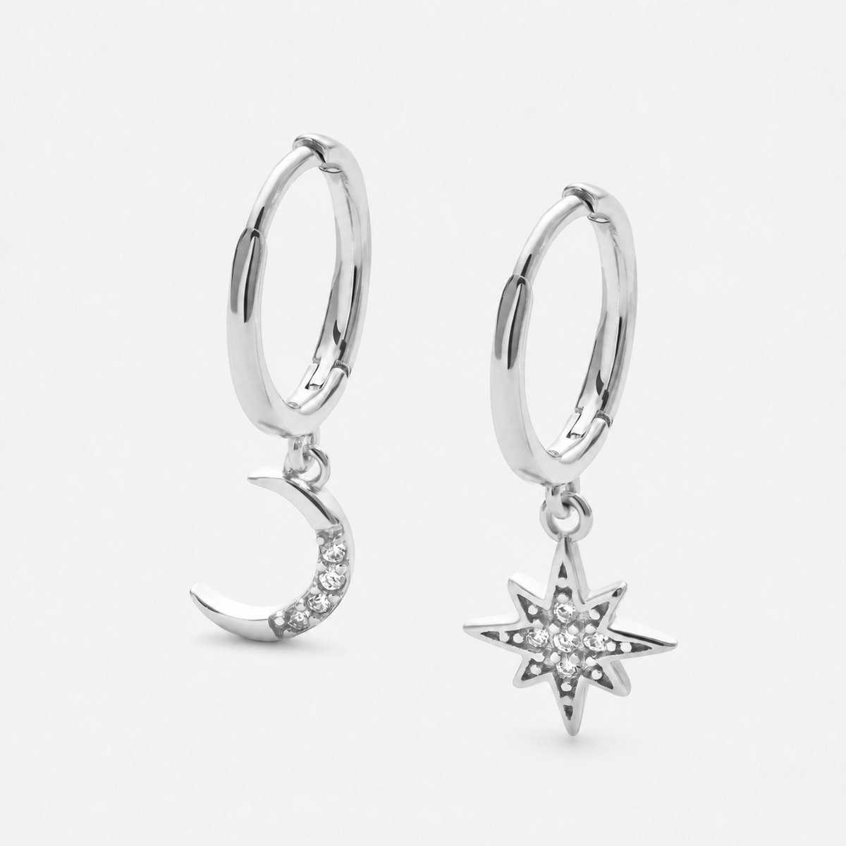Sterling Silver Star and Moon Earrings — Silver — Vessaly