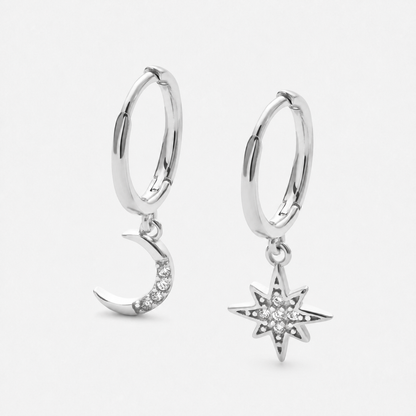 Sterling Silver Star and Moon Earrings — Silver — Vessaly