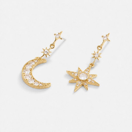 Crystal Moon and Star Drop Earrings — Gold — Vessaly