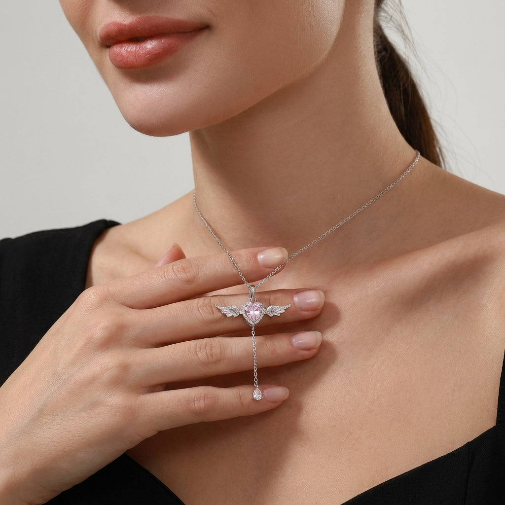Angel's love necklace styled on a model's neckline