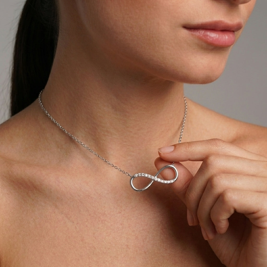 Sterling silver infinity necklace side angle – Vessaly