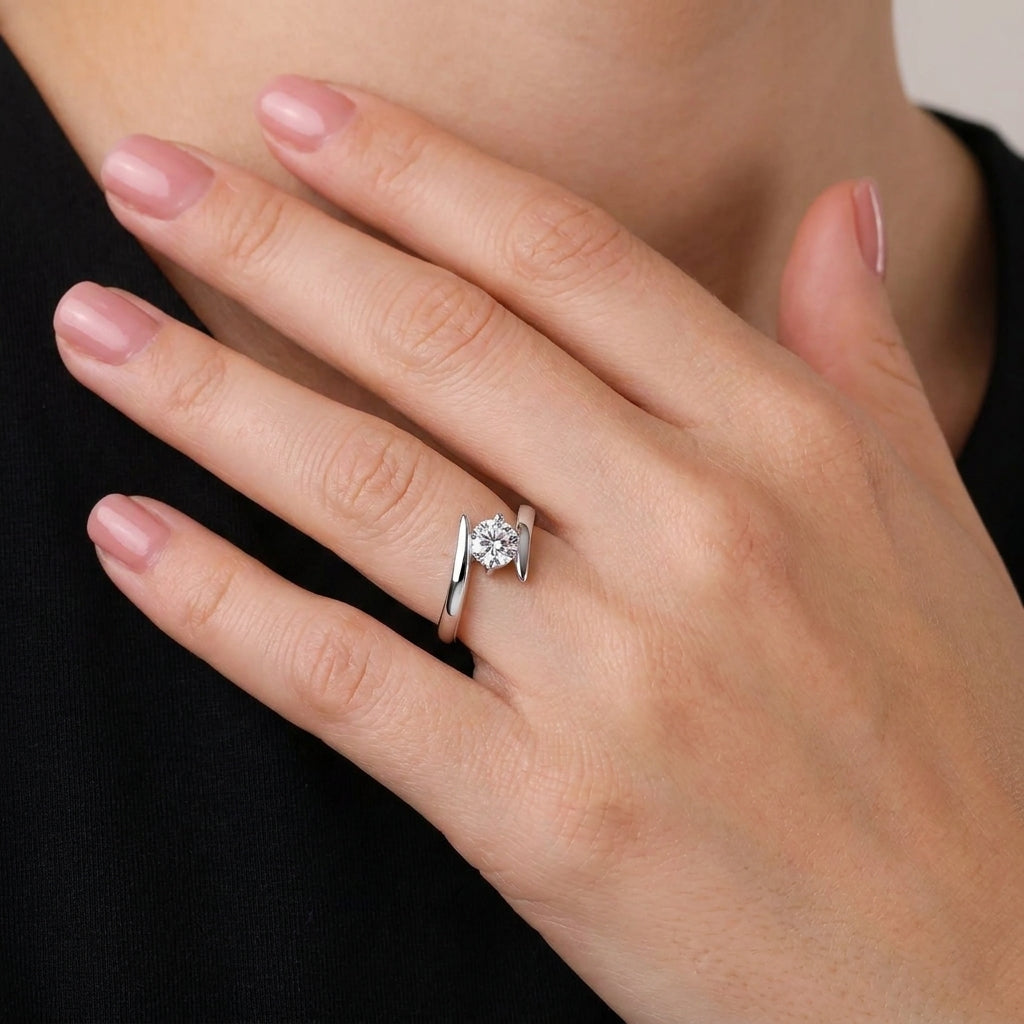 Close-up of zirconia silver ring detail
