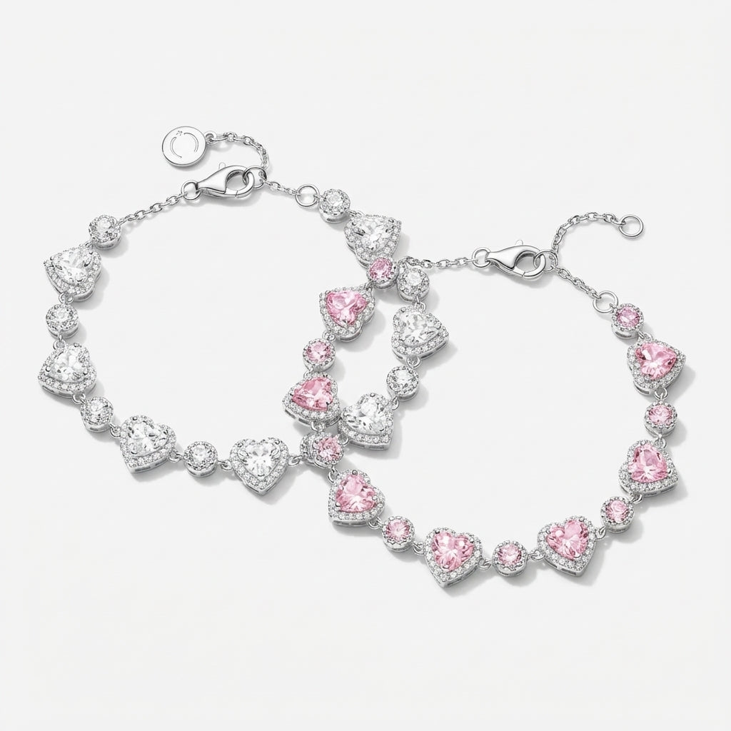 Pink heart tennis bracelet on neutral background