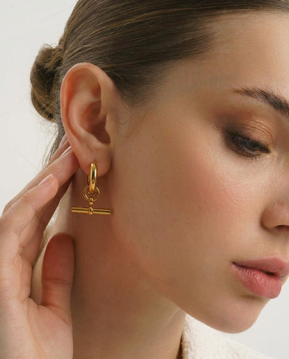 Chunky 18K Gold T-Bar Hoop Earrings