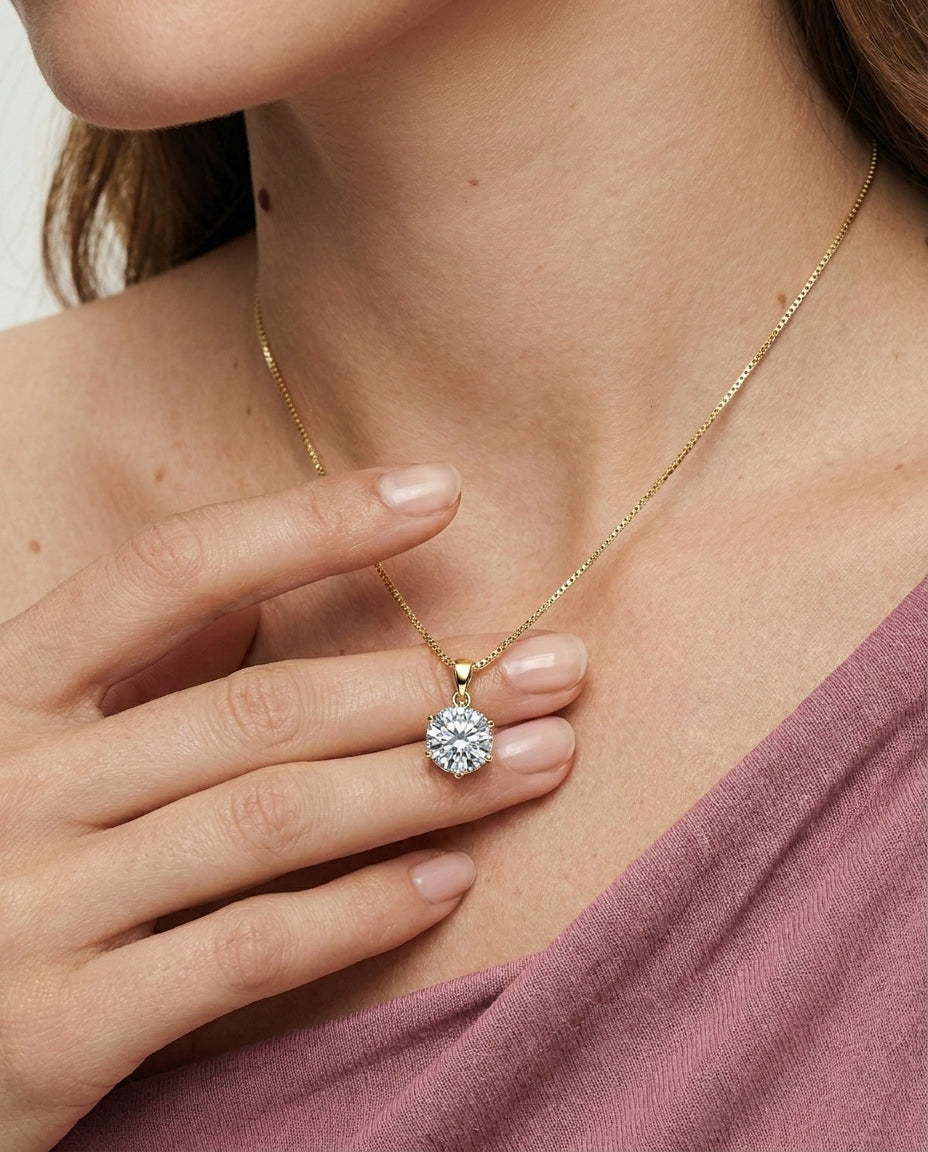 Moissanite pendant necklace styled on neckline – Vessaly