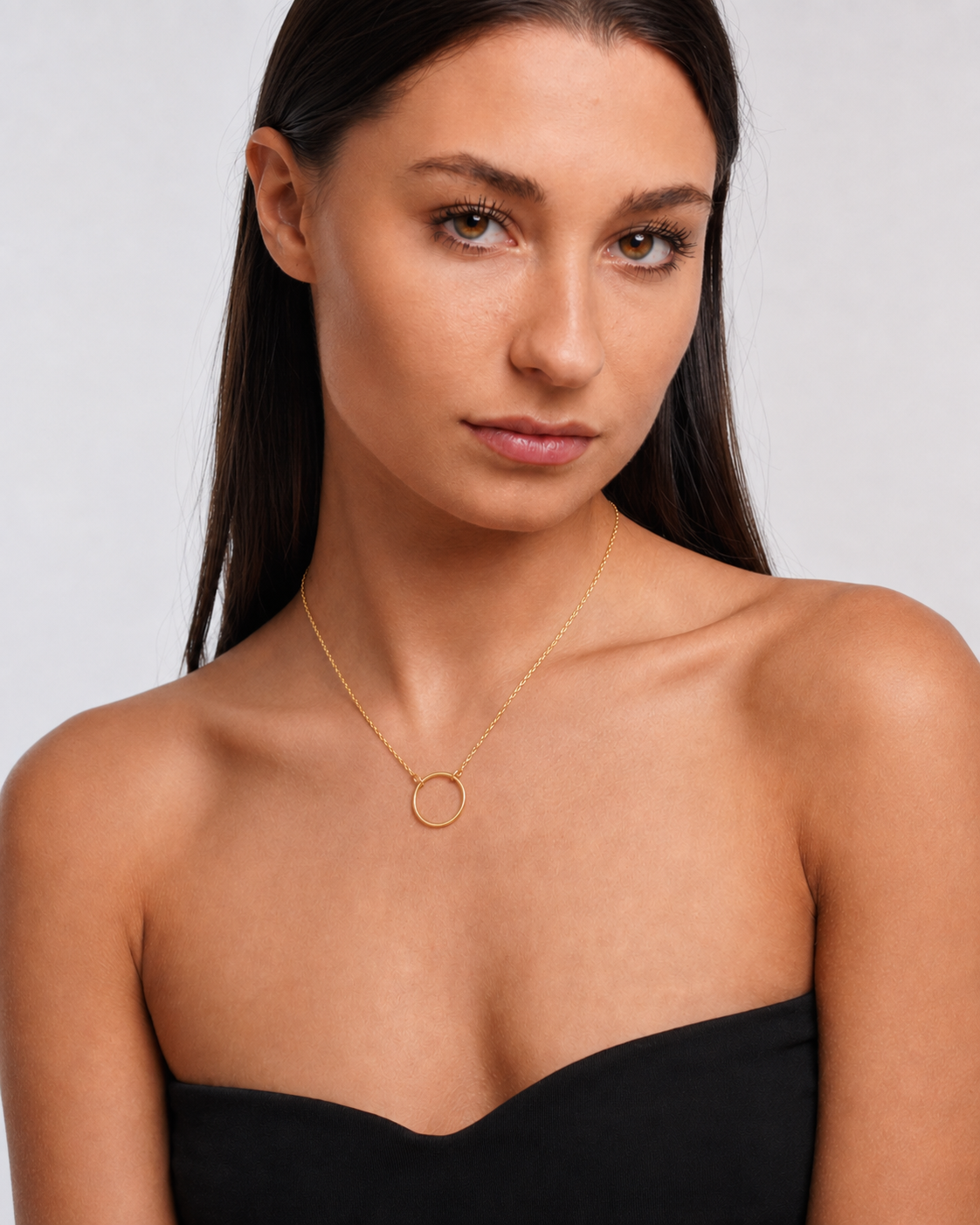 18K Gold-Plated Circle Pendant Necklace worn by model three-quarter view