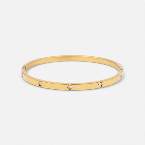 Clover Zirconia Hinged Bangle Bracelet - Gold