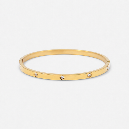 Clover Zirconia Hinged Bangle Bracelet - Gold