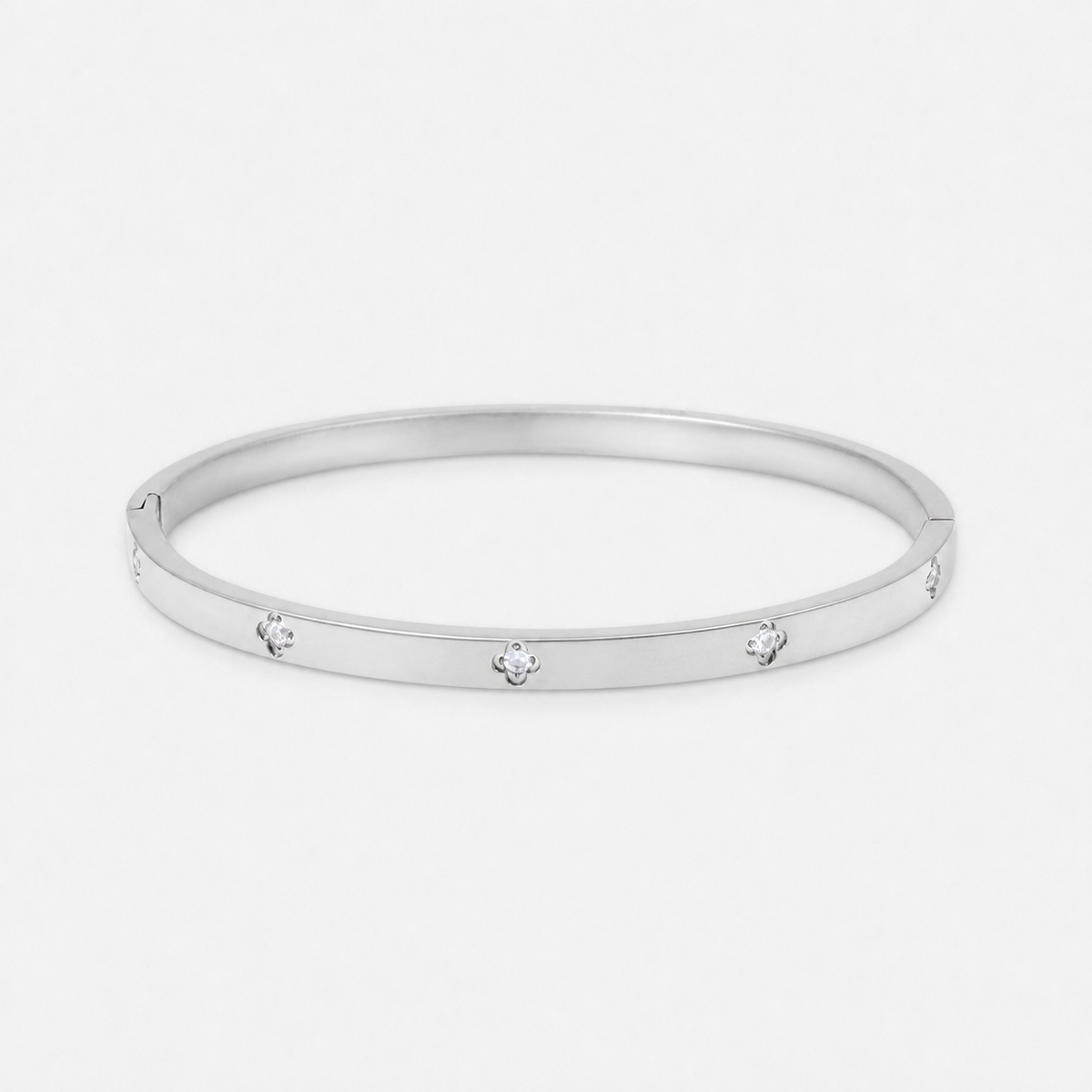 Clover Zirconia Hinged Bangle Bracelet - Silver