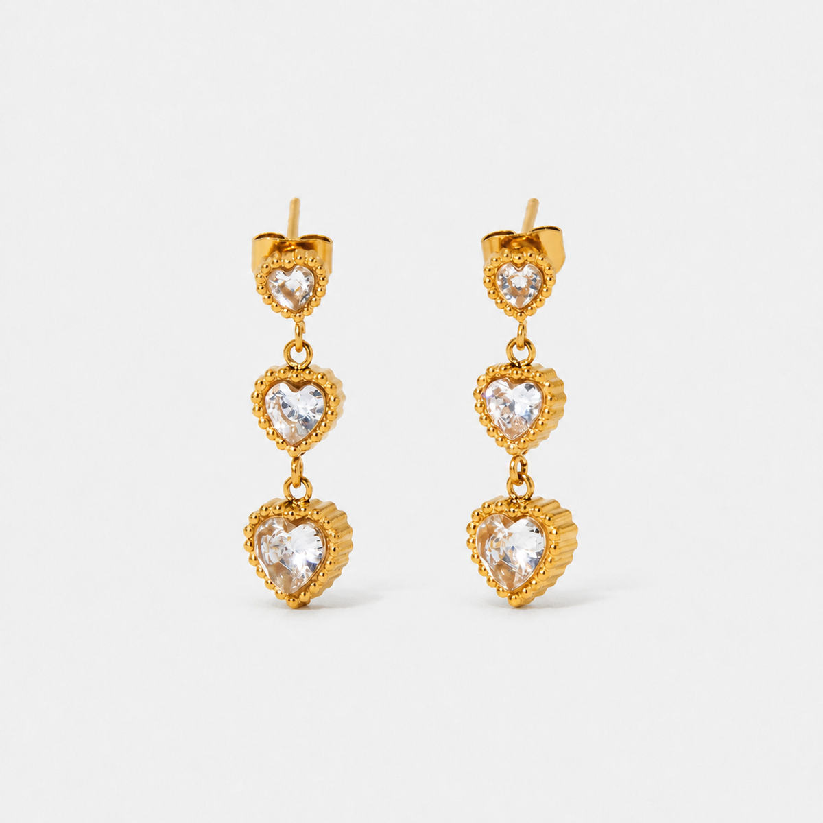 Zirconia Trinity of Hearts Drop Earrings — Gold — Vessaly