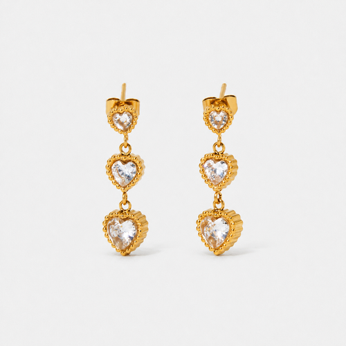 Zirconia Trinity of Hearts Drop Earrings — Gold — Vessaly
