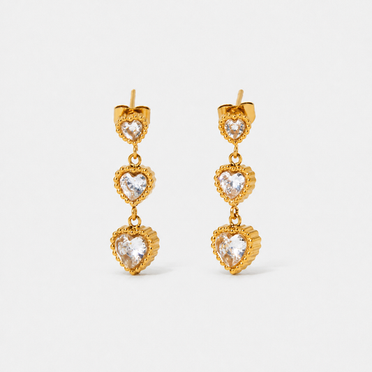 Zirconia Trinity of Hearts Drop Earrings — Gold — Vessaly