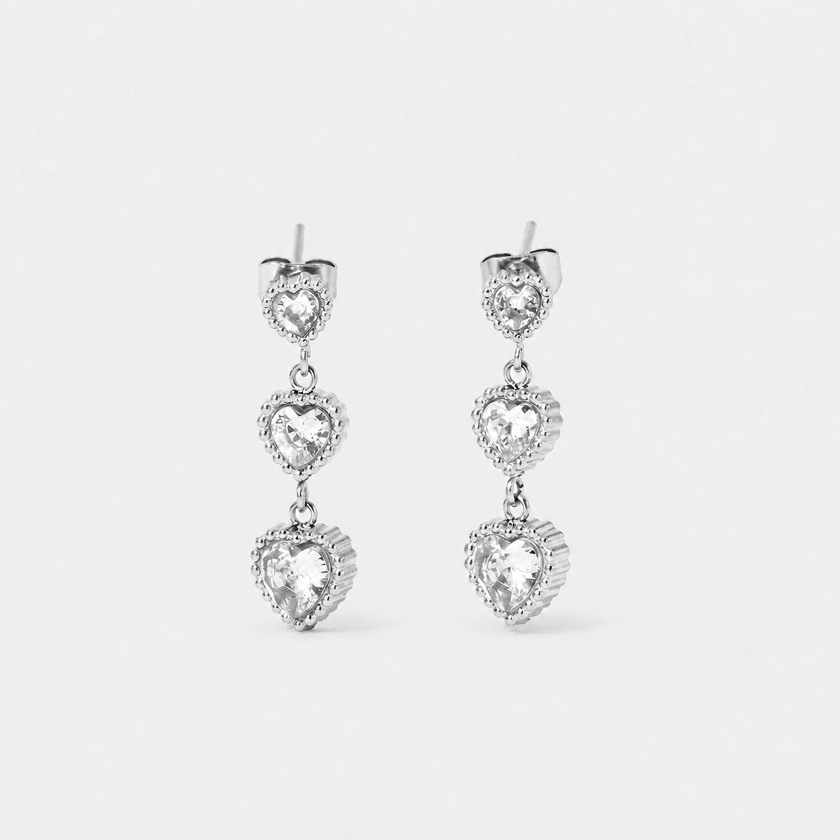 Zirconia Trinity of Hearts Drop Earrings — Silver — Vessaly