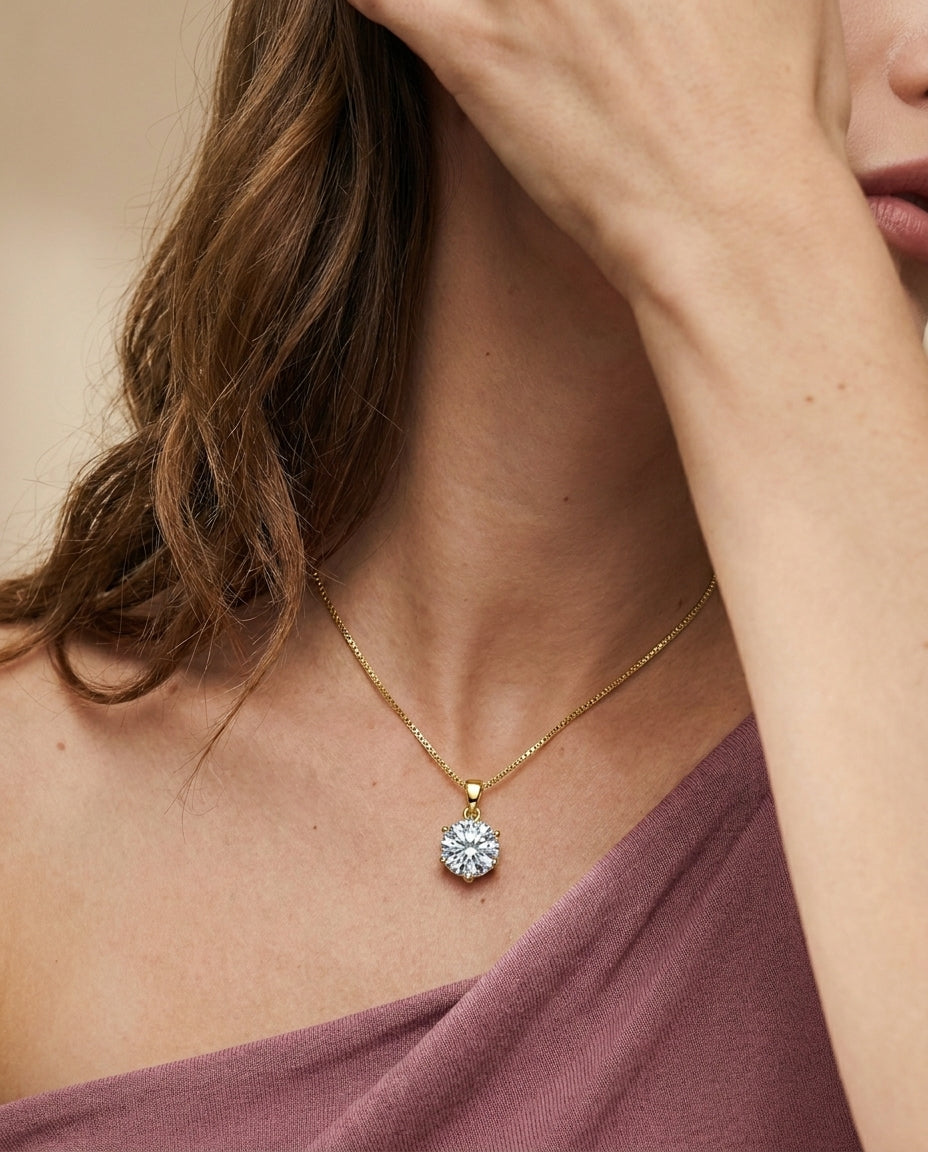 Close-up of moissanite solitaire pendant – Vessaly