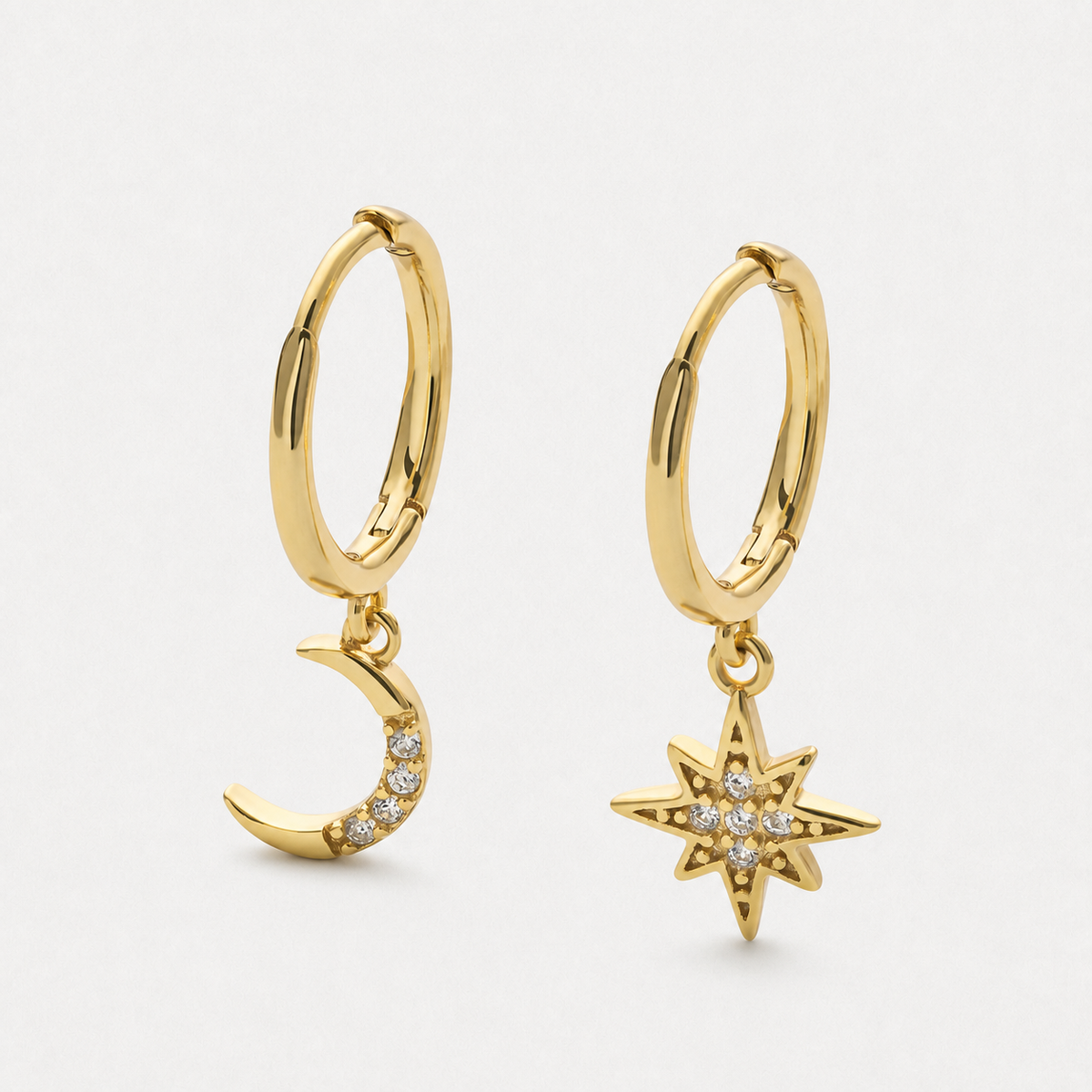 14K Gold-Plated Star and Moon Dangle Hoop Earrings — Gold — Vessaly