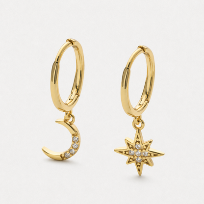 14K Gold-Plated Star and Moon Dangle Hoop Earrings — Gold — Vessaly