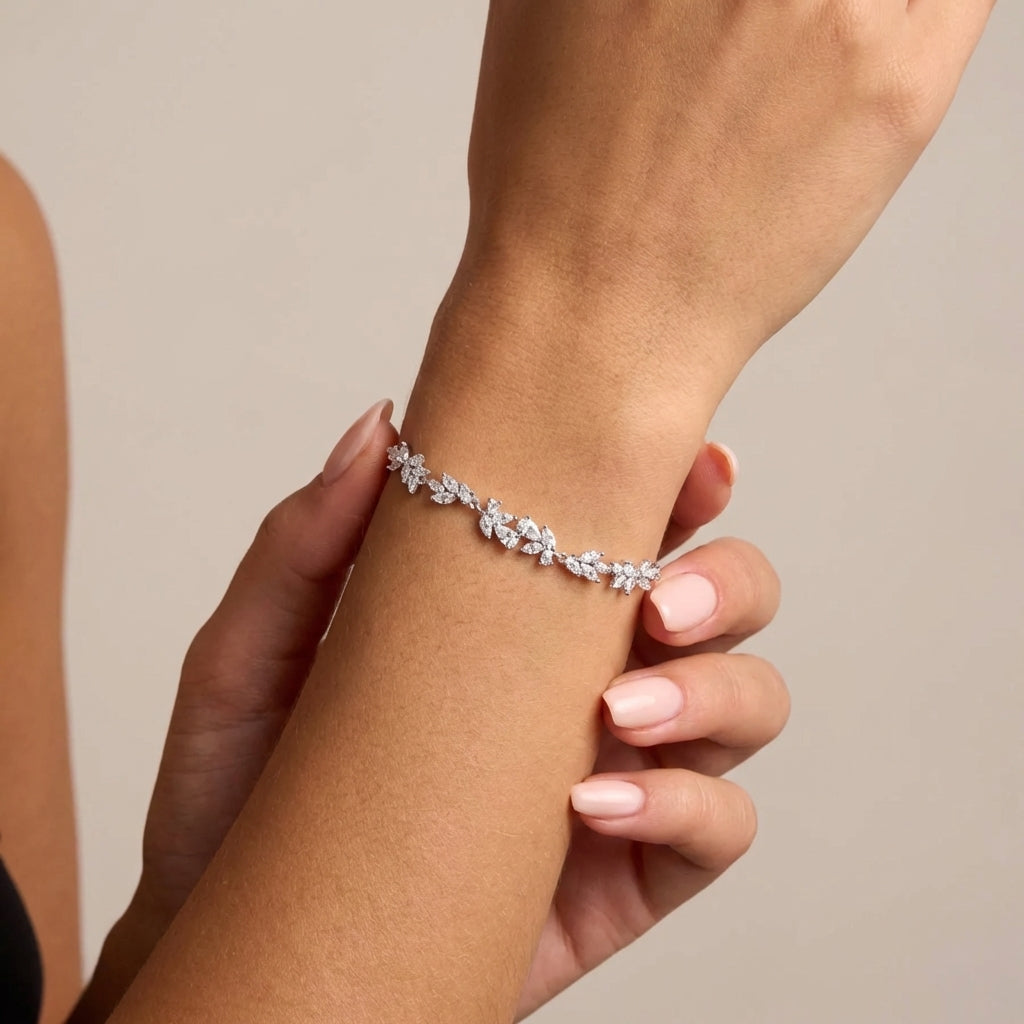 Wisteria flower bracelet shown with elegant outfit