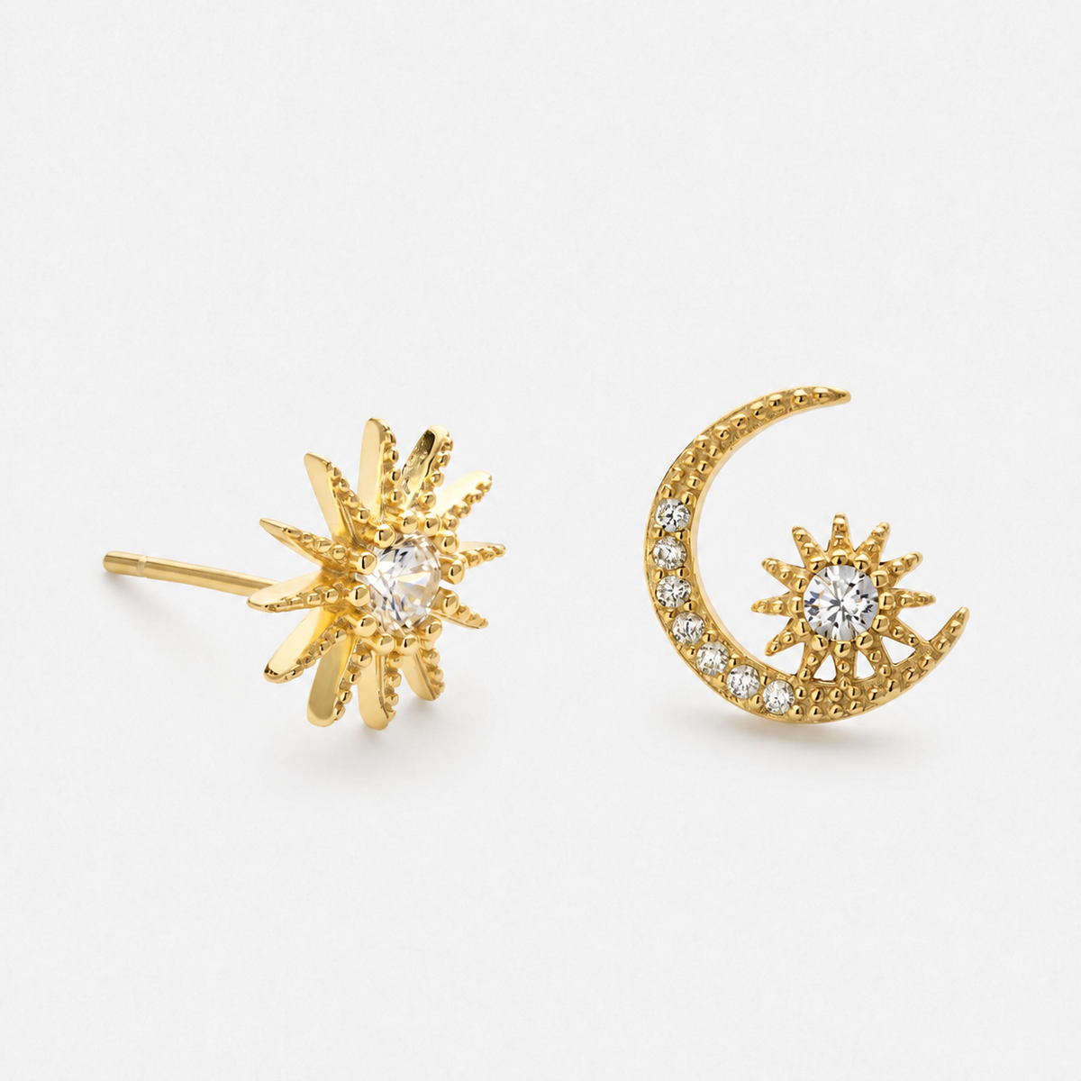 14K Gold-Plated Star and Moon Stud Earrings — Gold — Vessaly