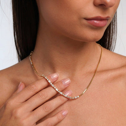 Gold crystal tennis necklace side angle – Vessaly