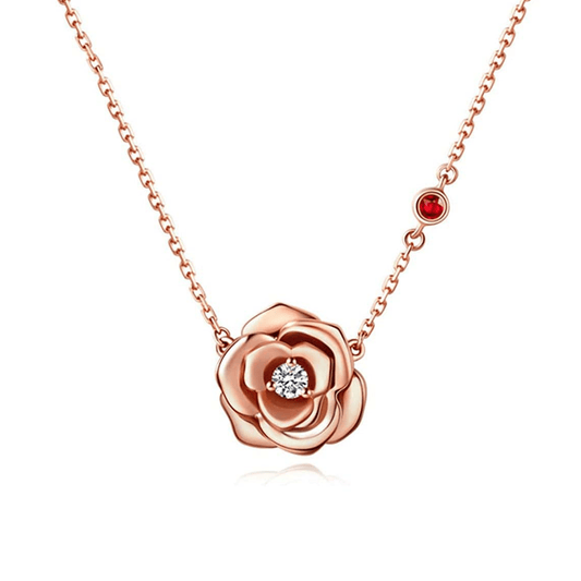 My Rose 14K Solid Rose Gold Necklace diamond ruby rose pendant – Ravyena