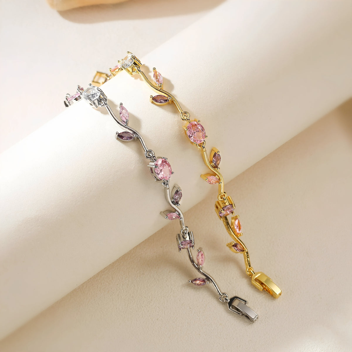 Multi-color floral bracelet styled on a model's wrist