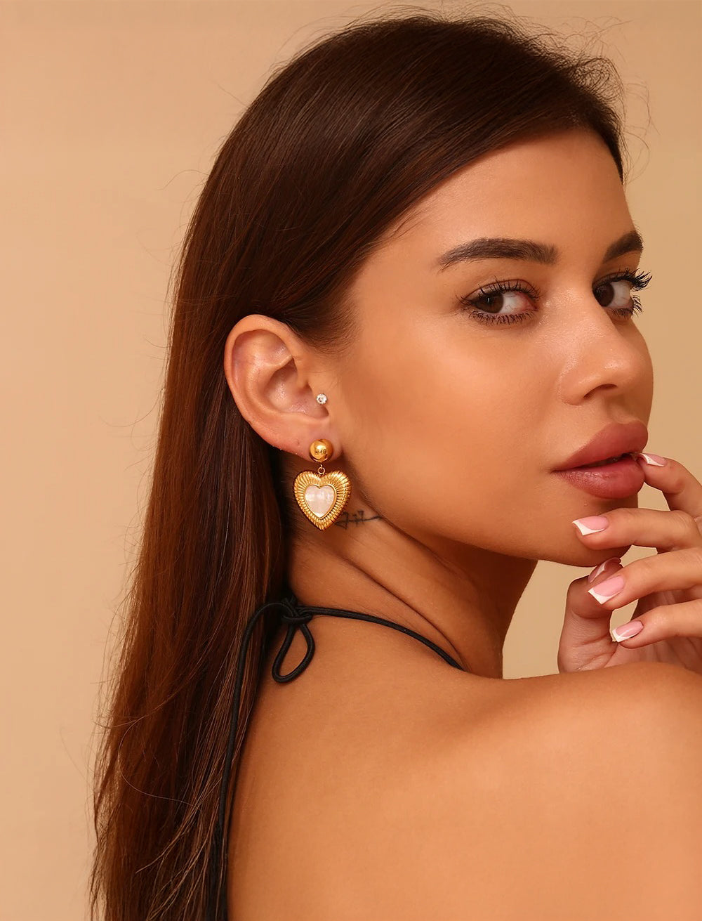 Gold heart drop earrings, romantic feminine design
