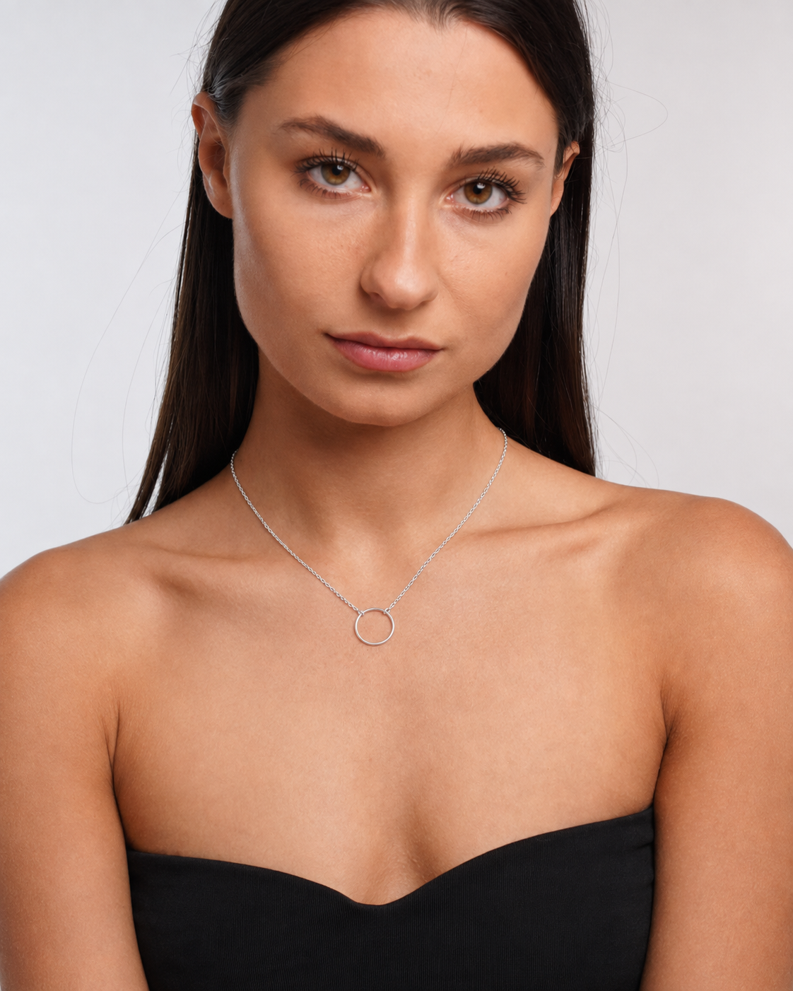 925 Sterling Silver Circle Pendant Necklace worn by model front view
