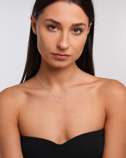925 Sterling Silver Circle Pendant Necklace worn by model front view