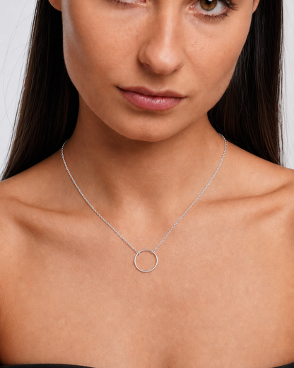 925 Sterling Silver Circle Pendant Necklace worn by model close-up