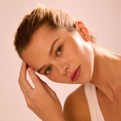 Crystal Claw Stacking Ring Gold worn by model temple pose