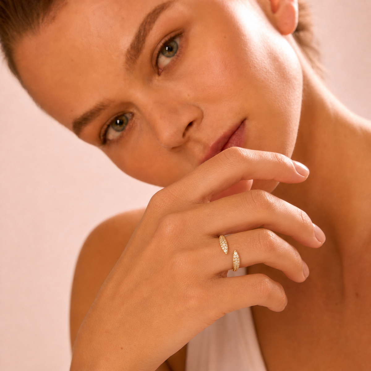 Crystal Claw Stacking Ring Gold worn by model close-up