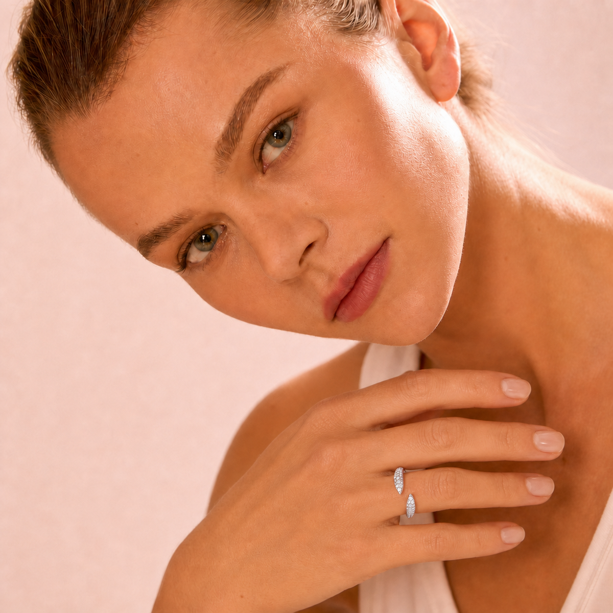 Crystal Claw Stacking Ring Platinum worn by model three-quarter view