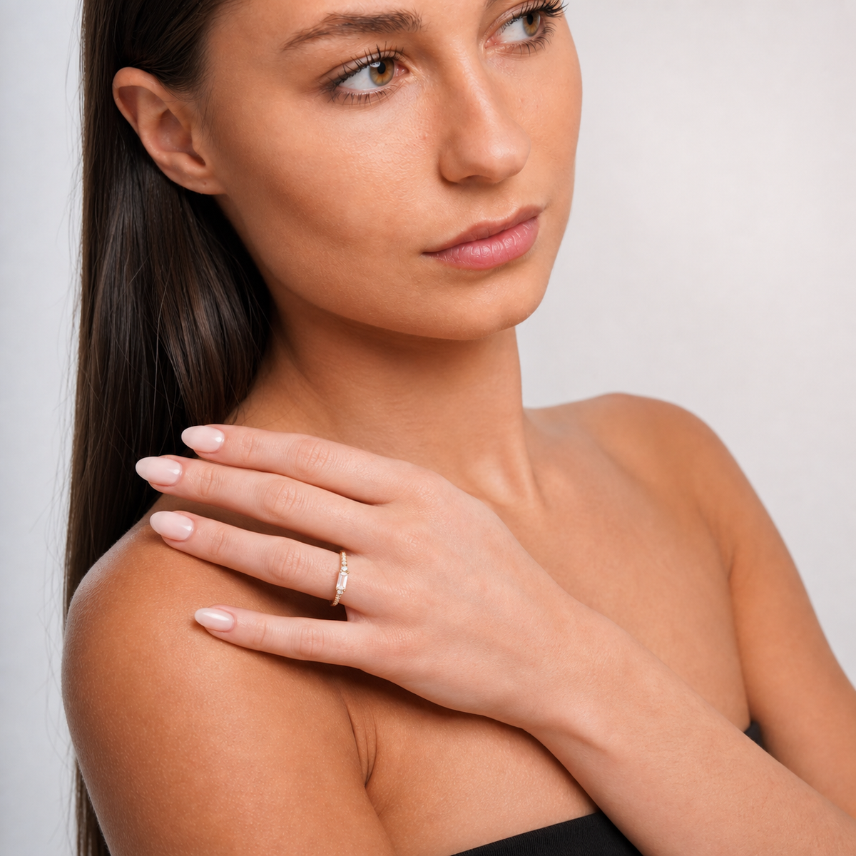 Crystal Air Open Ring Gold worn by model — close-up view
