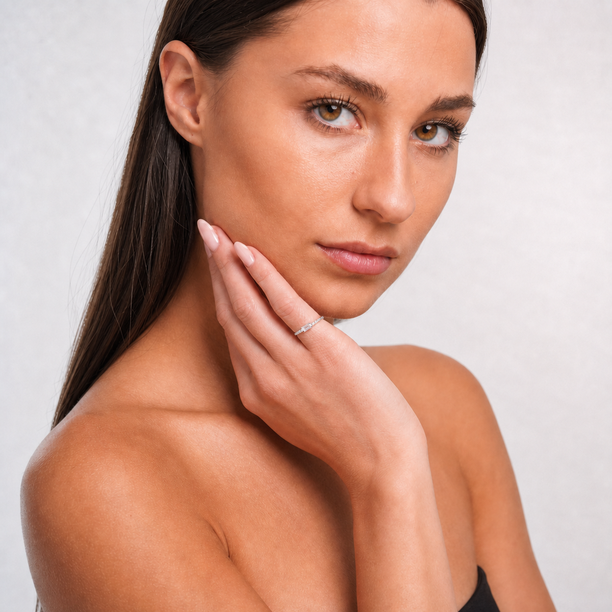 Crystal Air Open Ring Platinum worn by model — three-quarter view