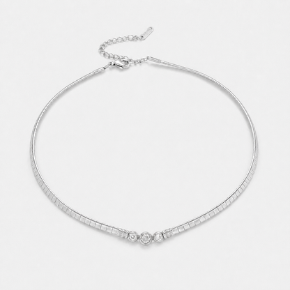 Vintage Stainless Steel CZ Choker Necklace - Silver / 40 centímetros