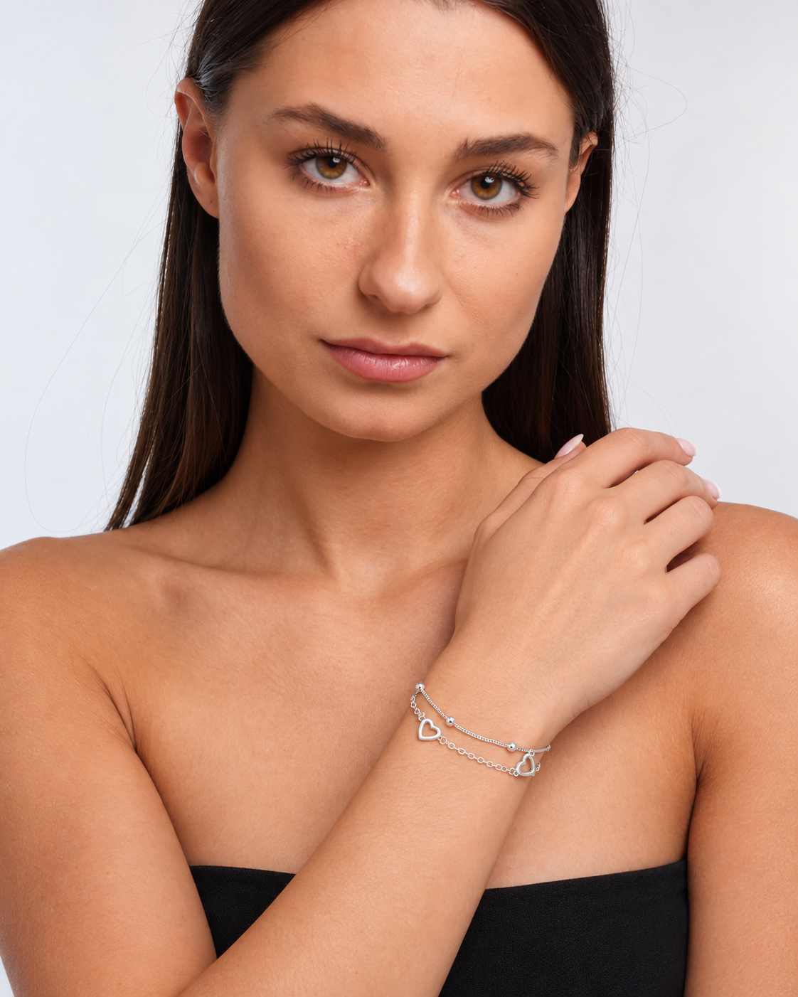 925 sterling silver double-layer heart bracelet worn on model, front wrist view