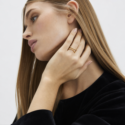 Crystal Flare Statement Ring Gold worn by model profile view