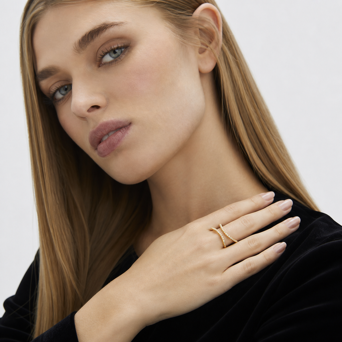 Crystal Flare Statement Ring Gold worn by model three-quarter view