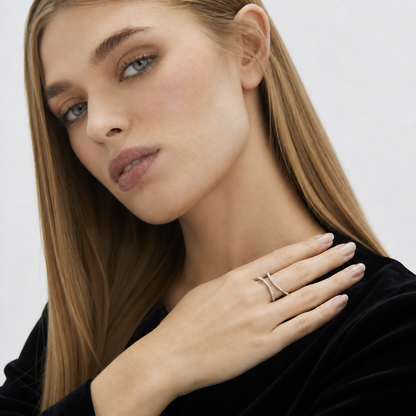 Crystal Flare Statement Ring Platinum worn by model three-quarter view