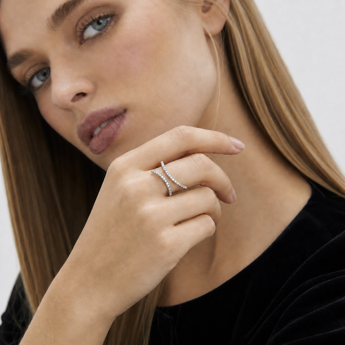 Crystal Flare Statement Ring Platinum worn by model close-up