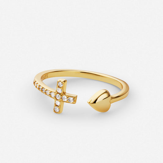 Heart cross ring in polished gold finish