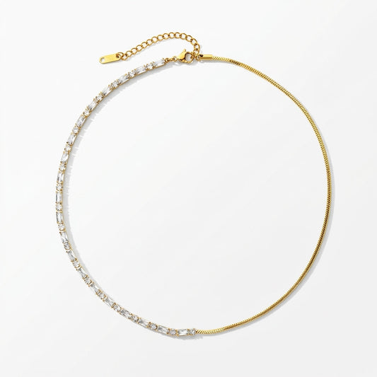Gold half tennis crystal necklace in 18K gold-plated stainless steel