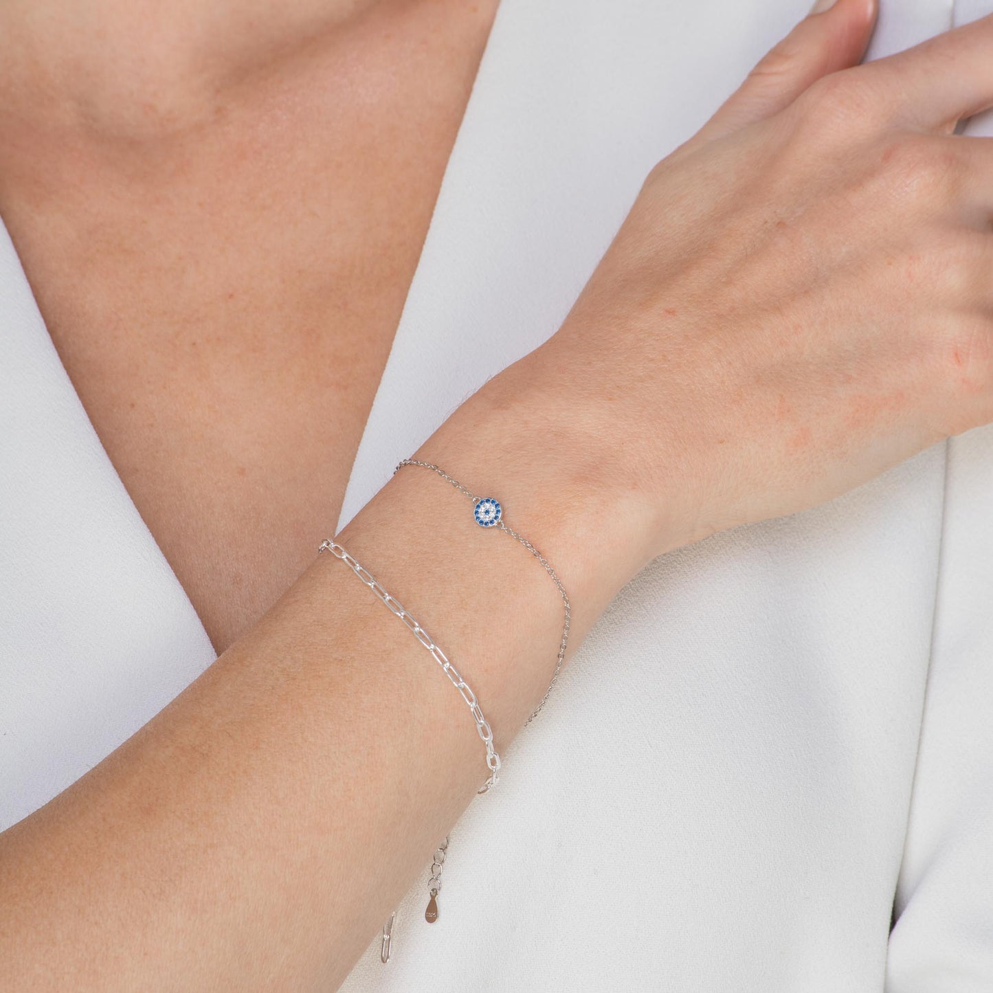 Evil eye bracelet styled on a feminine wrist