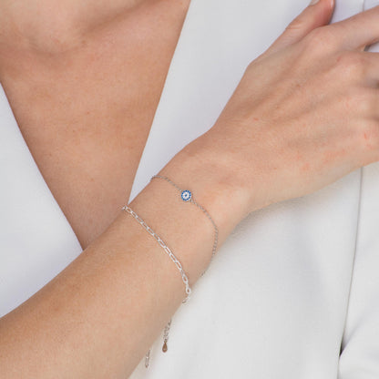 Evil eye bracelet styled on a feminine wrist